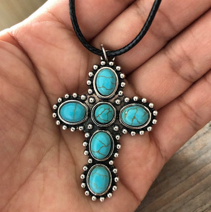 Retro Turquoise Cross Necklace