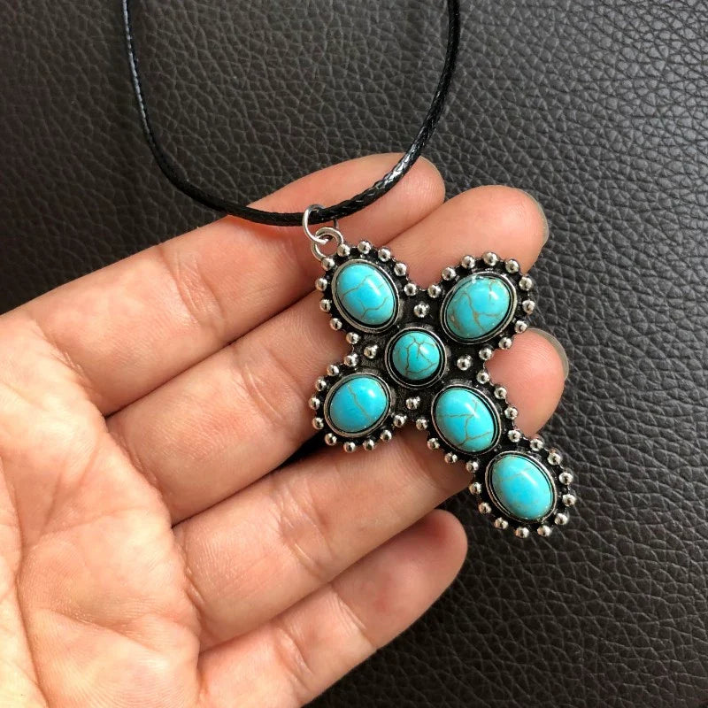 Retro Turquoise Cross Necklace