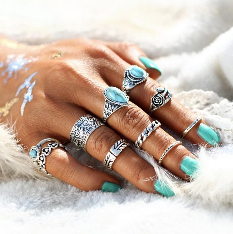 Totem Flower Turquoise 10-piece Jointed Combination Ring Set