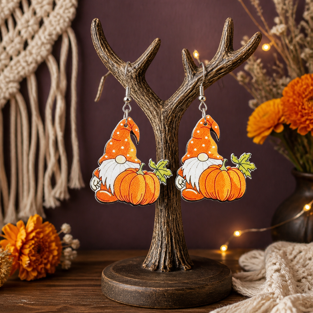【Halloween Pumpkin Old Man】 Retro Wooden Earrings