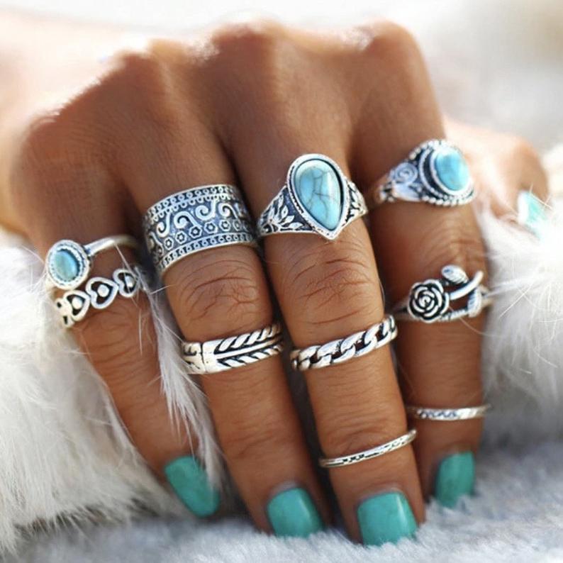 Totem Flower Turquoise 10-piece Jointed Combination Ring Set