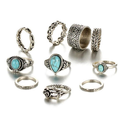 Totem Flower Turquoise 10-piece Jointed Combination Ring Set