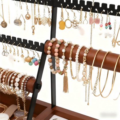 Wood & Metal Jewelry Organizer Stand with Hooks, Earring Holes, and Storage Slots for Necklaces, Bracelets, and Rings