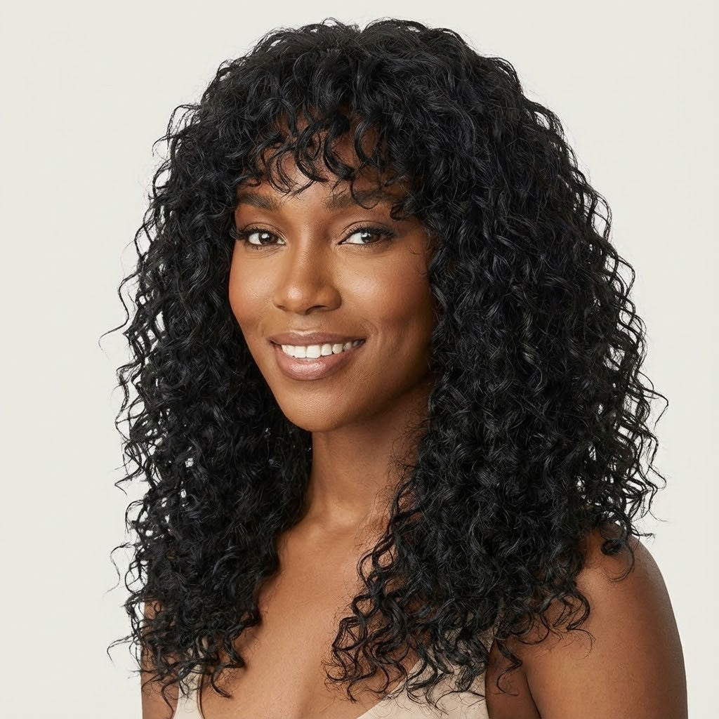 Chiesma Blend Human Hair Curly Wig with Big Bangs – Effortless Shaggy Waves