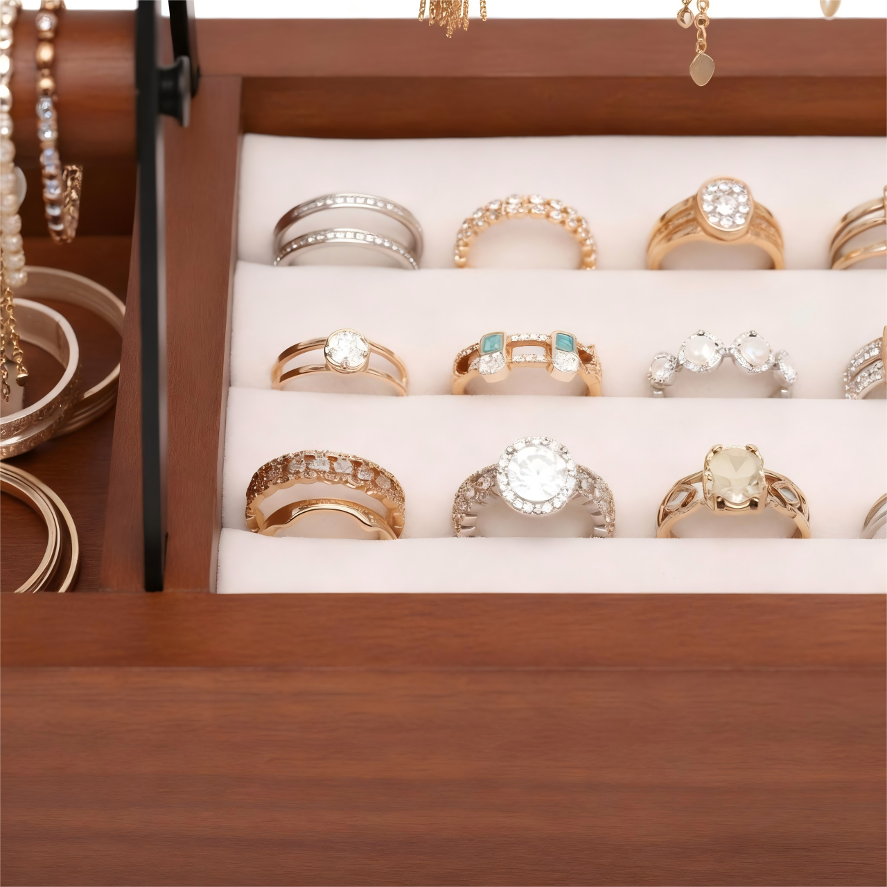 Wood & Metal Jewelry Organizer Stand with Hooks, Earring Holes, and Storage Slots for Necklaces, Bracelets, and Rings