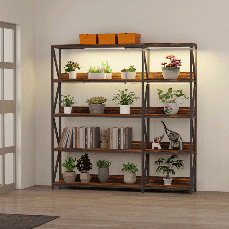 CHIESMA Corner Bookshelf with Grow Lights, 5 Tier Bookshelf with Plant Grow Lights, Convertible Corner Bookshelf with Baffles, 70" Tall Bookcase, Industrial Bookshelf, Wood Shelves with Metal Frame for Living Room Bedroom Home Office