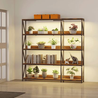 CHIESMA Corner Bookshelf with Grow Lights, 5 Tier Bookshelf with Plant Grow Lights, Convertible Corner Bookshelf with Baffles, 70" Tall Bookcase, Industrial Bookshelf, Wood Shelves with Metal Frame for Living Room Bedroom Home Office