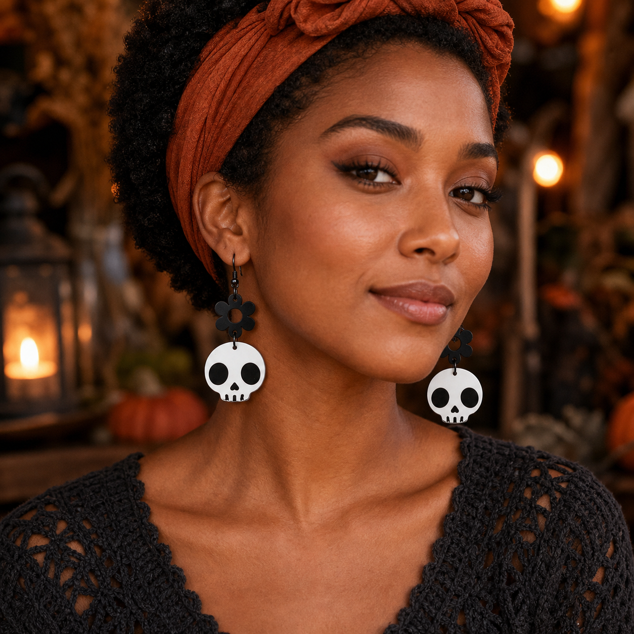 Recessed Flower & Skull-Shaped Earrings