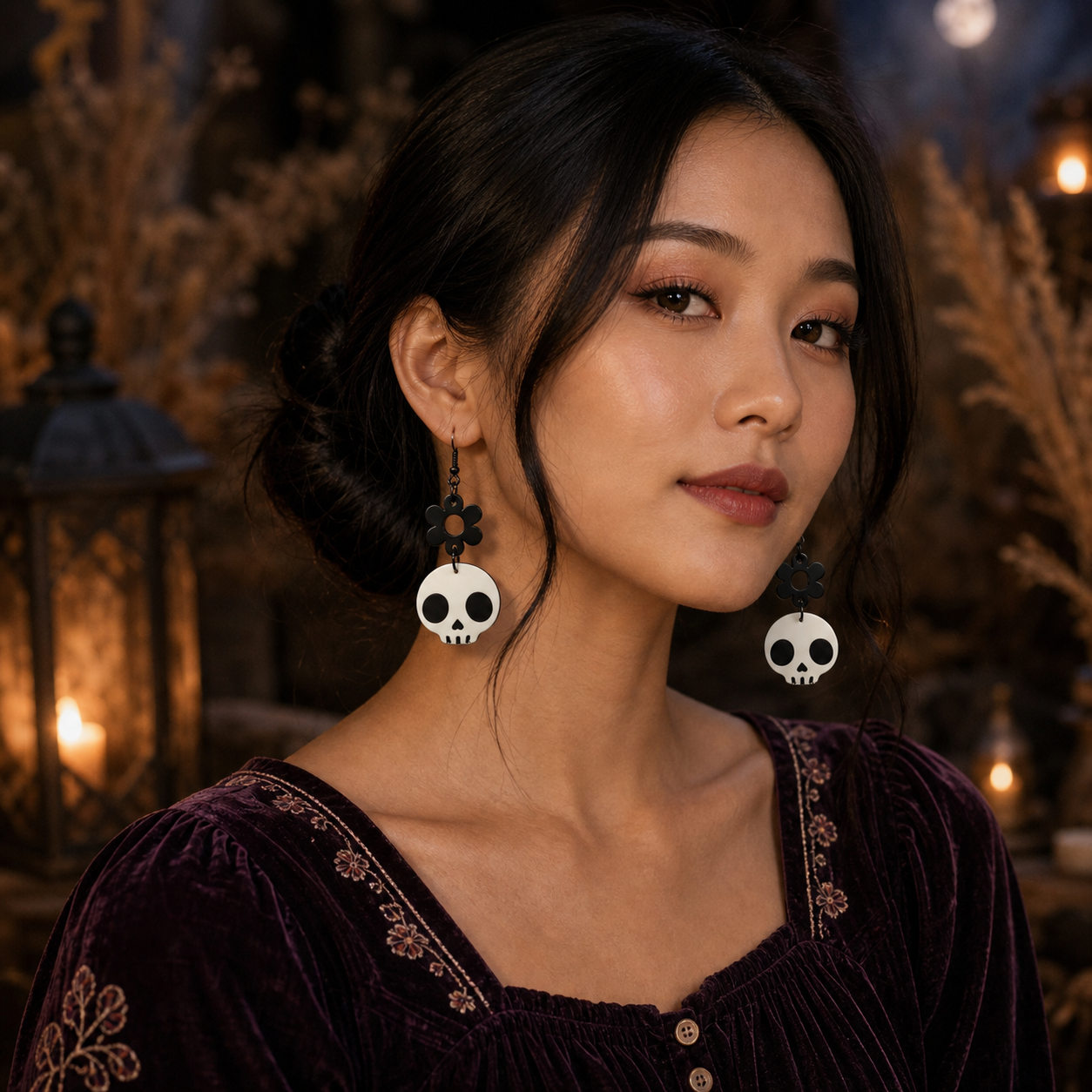 Recessed Flower & Skull-Shaped Earrings