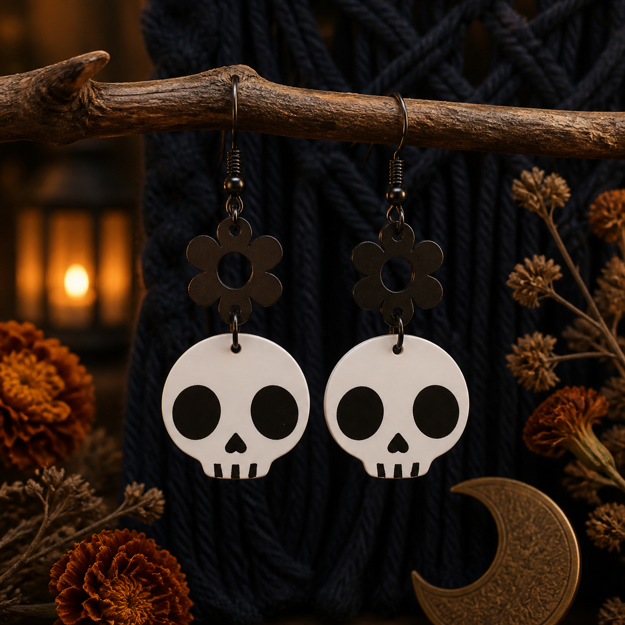 Recessed Flower & Skull-Shaped Earrings