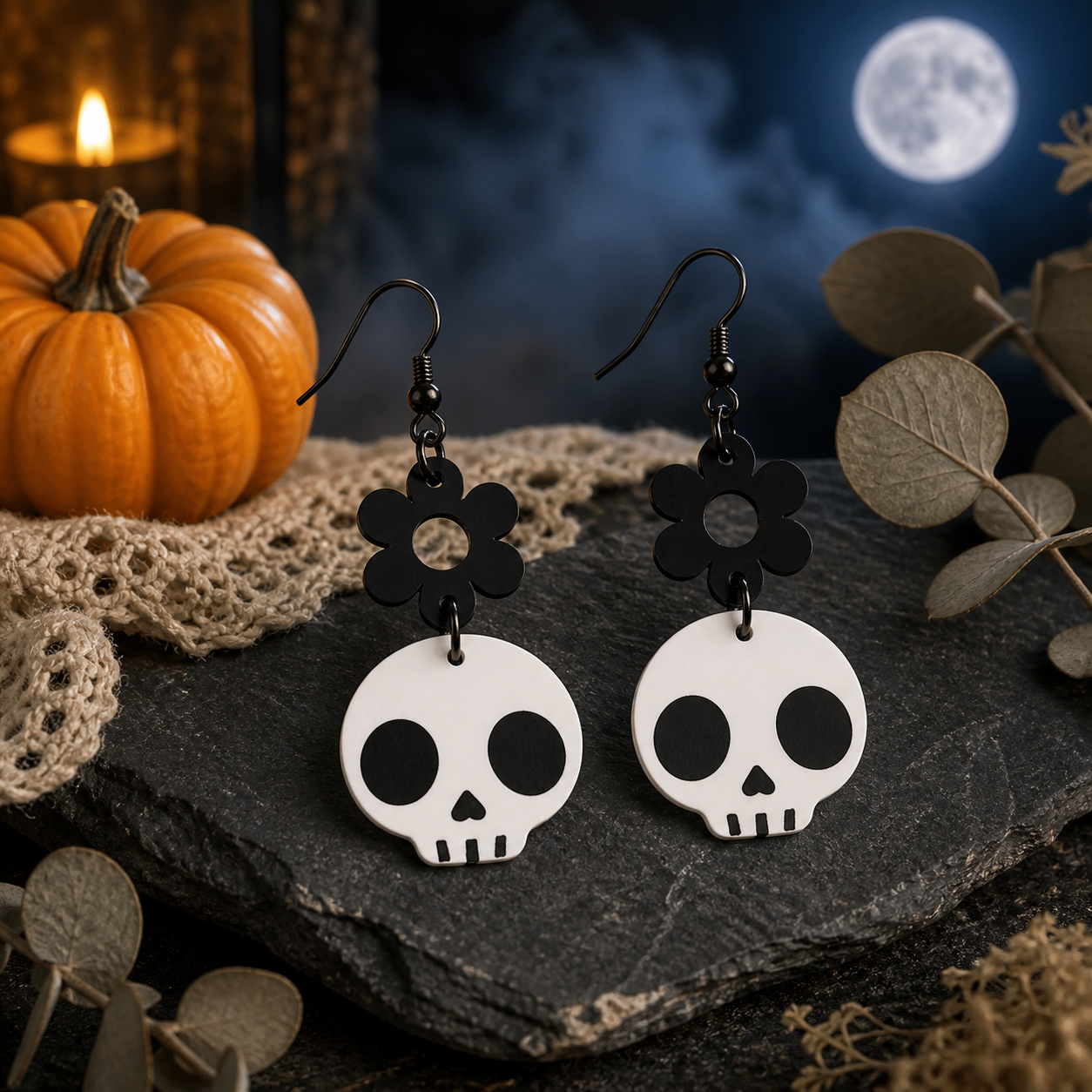 Recessed Flower & Skull-Shaped Earrings