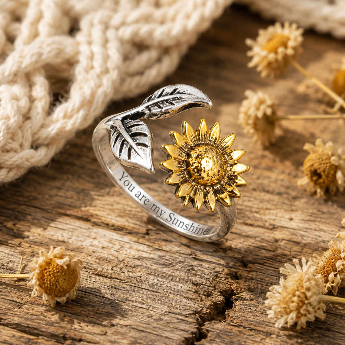 "you is my sunshine" Engraved Sunflower Ring