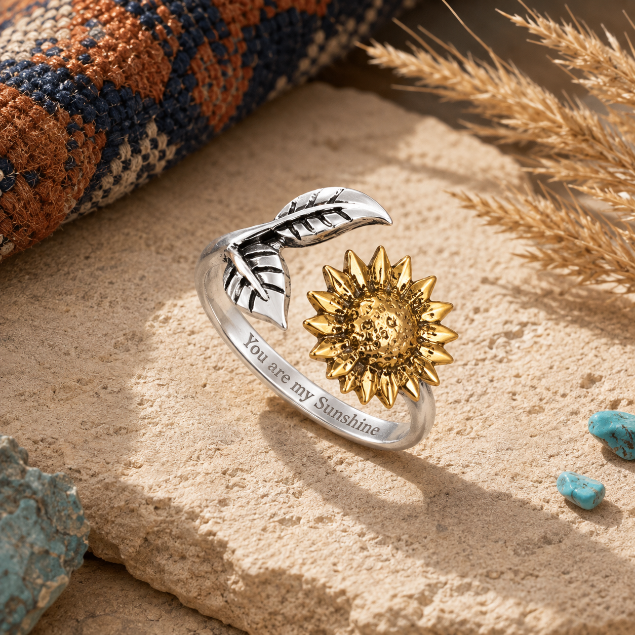 "you is my sunshine" Engraved Sunflower Ring
