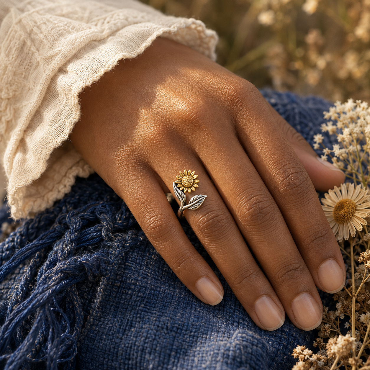 "you is my sunshine" Engraved Sunflower Ring