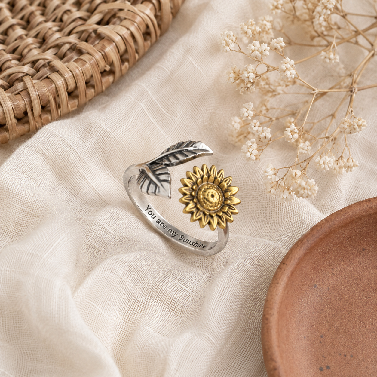"you is my sunshine" Engraved Sunflower Ring