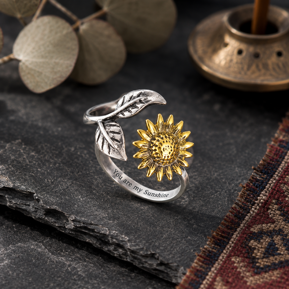 "you is my sunshine" Engraved Sunflower Ring