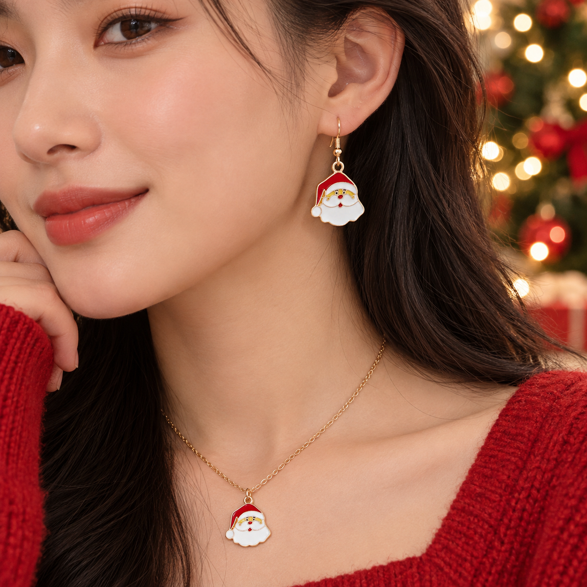 Personalized Cartoon Santa Claus Necklace Earrings Set