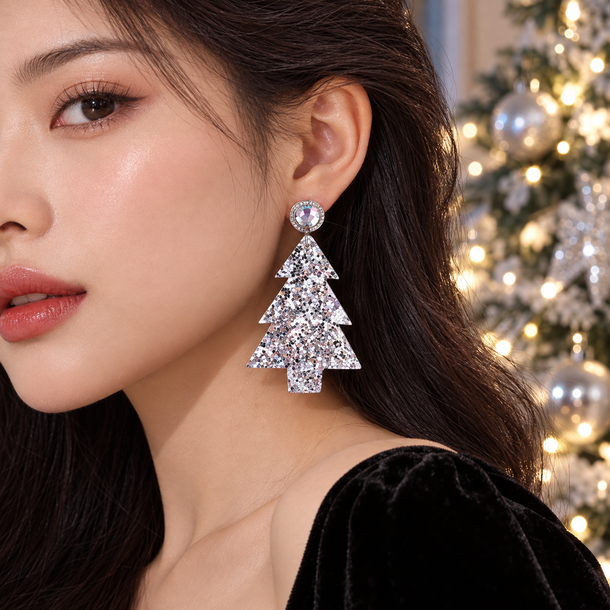 Personalized Sequined Christmas Tree Leather Earrings