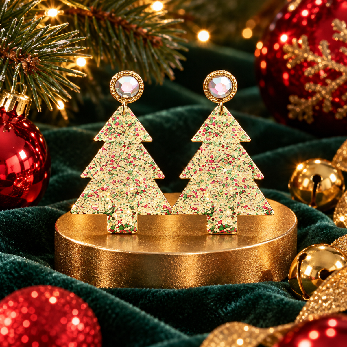 Personalized Sequined Christmas Tree Leather Earrings