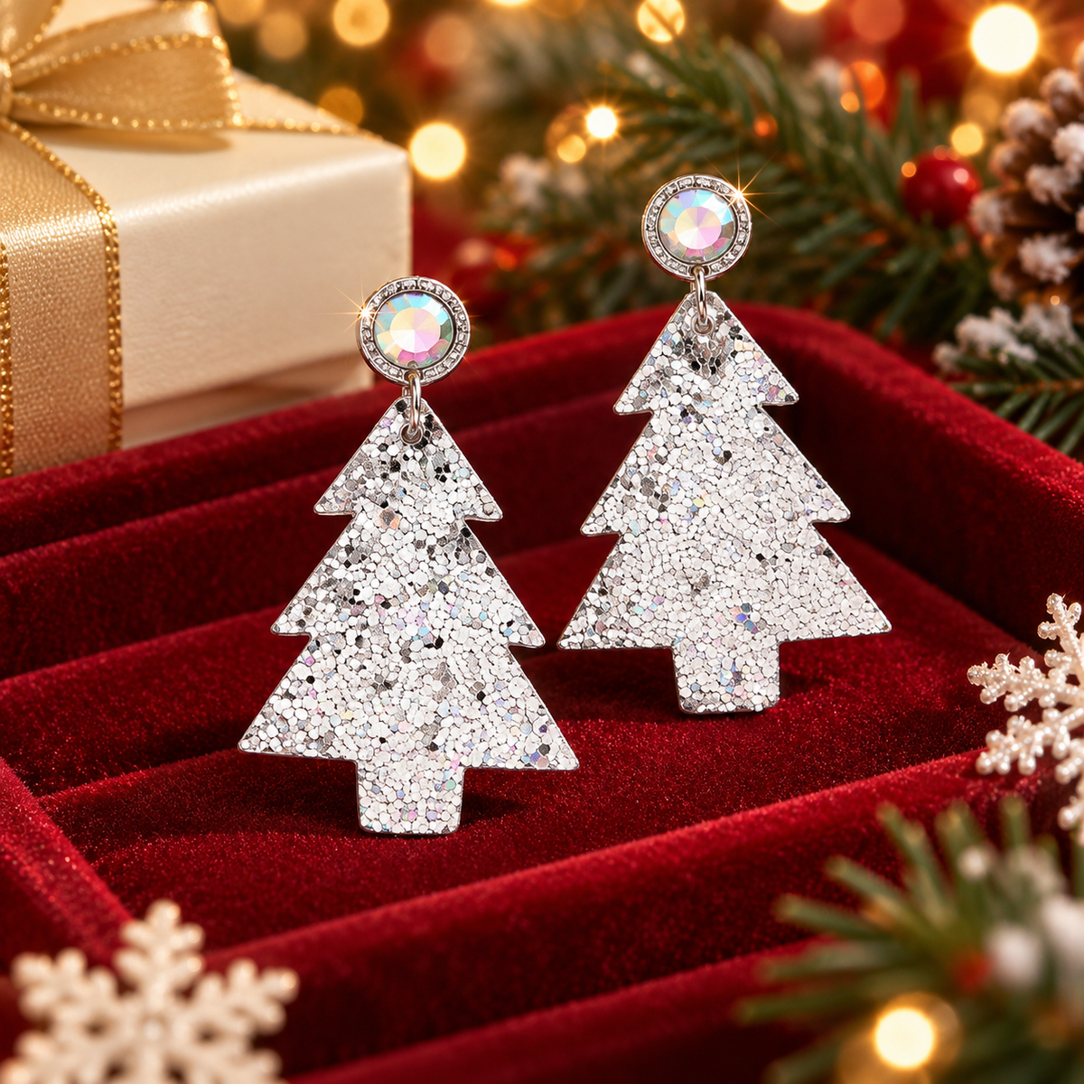 Personalized Sequined Christmas Tree Leather Earrings