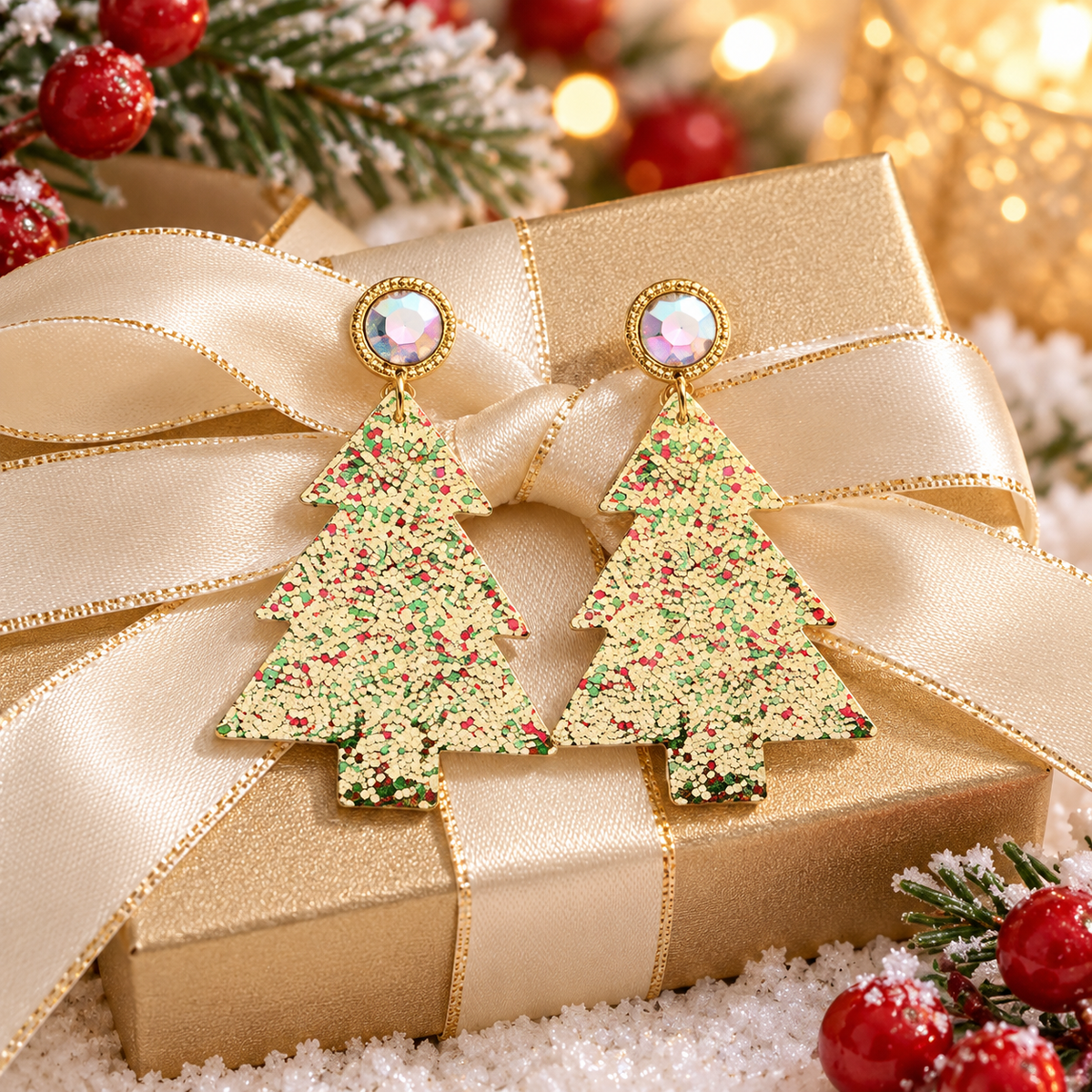 Personalized Sequined Christmas Tree Leather Earrings