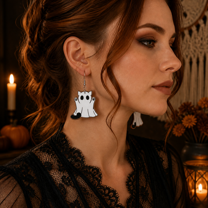 Halloween Ghost Cat Wooden Earrings