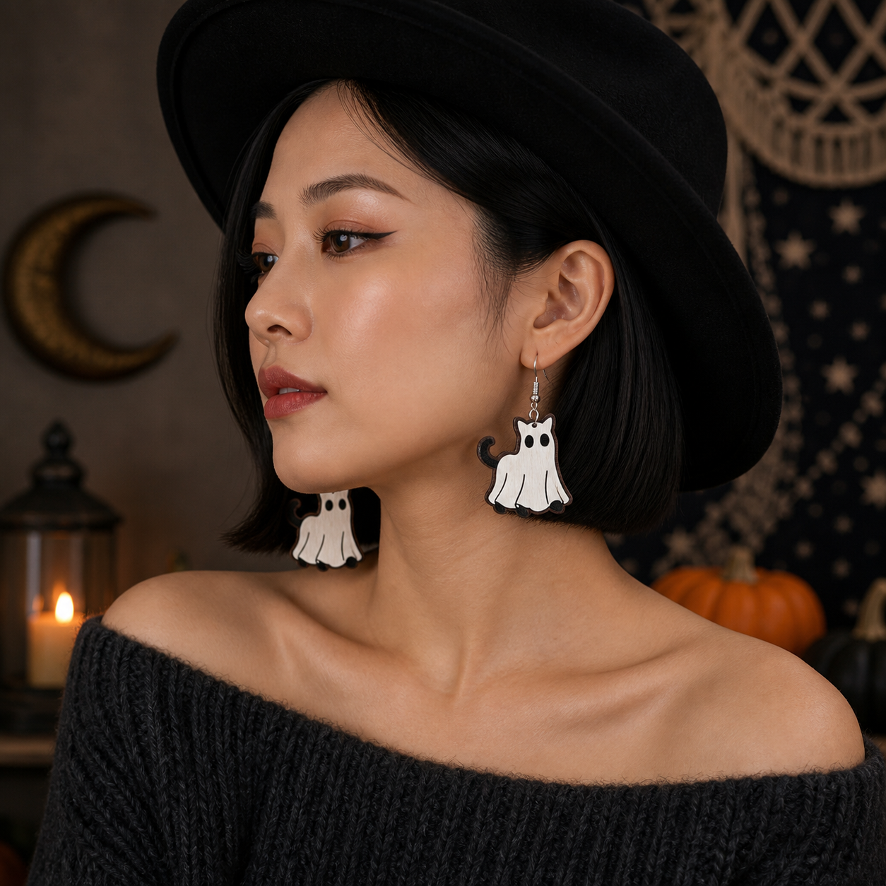 Halloween Ghost Cat Wooden Earrings
