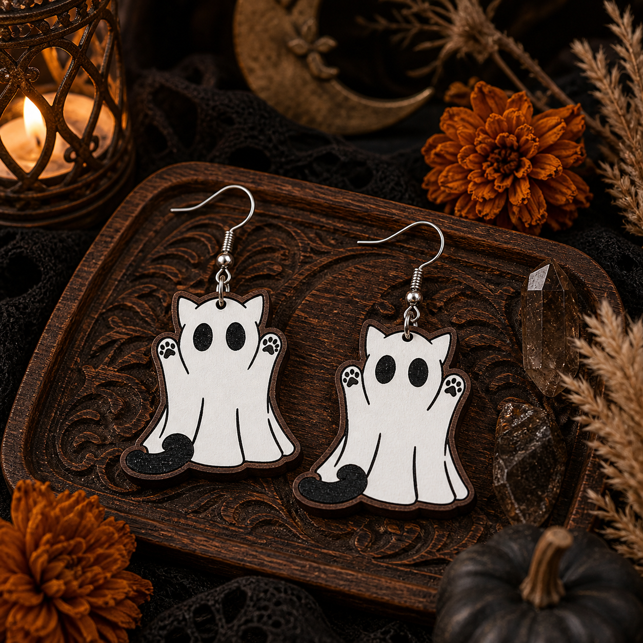 Halloween Ghost Cat Wooden Earrings