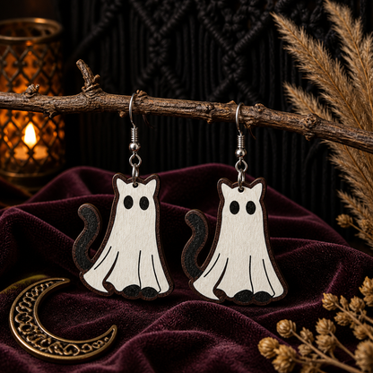 Halloween Ghost Cat Wooden Earrings