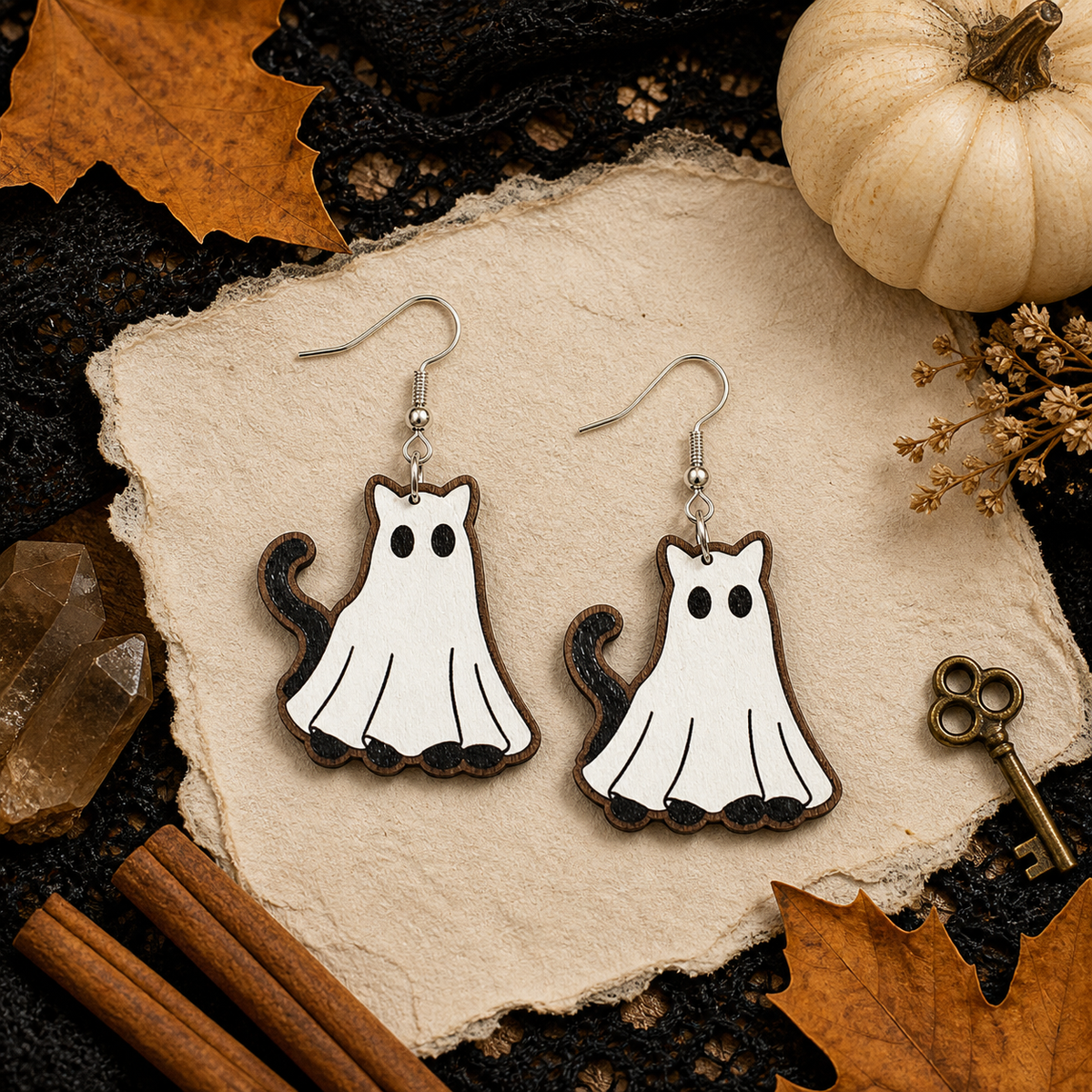 Halloween Ghost Cat Wooden Earrings