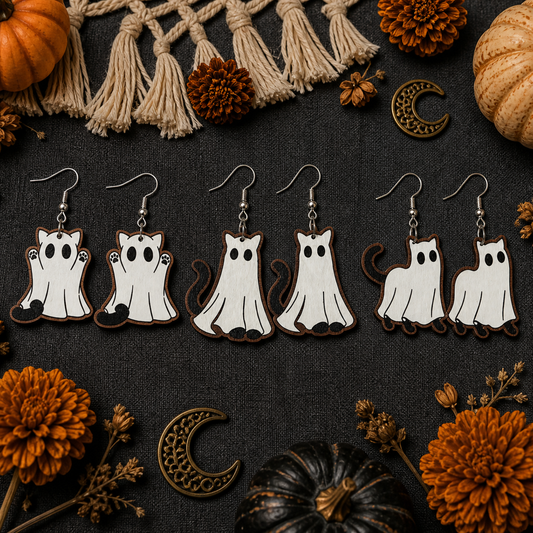 Halloween Ghost Cat Wooden Earrings