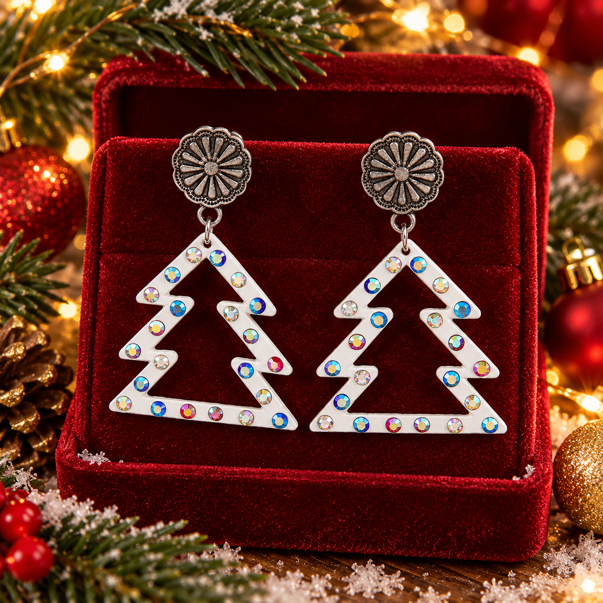 Colorful Diamond Hollowed-out White Christmas Tree Earrings