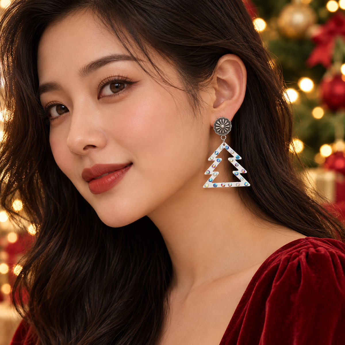 Colorful Diamond Hollowed-out White Christmas Tree Earrings