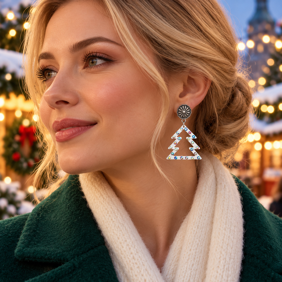 Colorful Diamond Hollowed-out White Christmas Tree Earrings