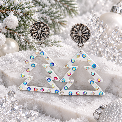 Colorful Diamond Hollowed-out White Christmas Tree Earrings
