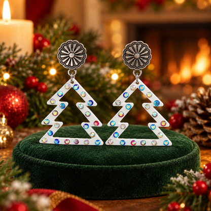 Colorful Diamond Hollowed-out White Christmas Tree Earrings