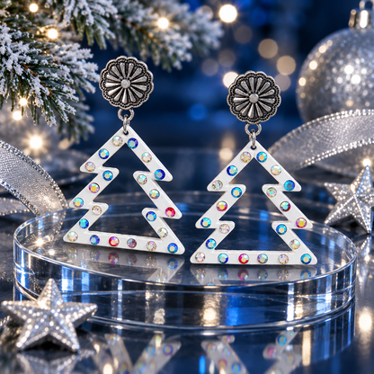 Colorful Diamond Hollowed-out White Christmas Tree Earrings