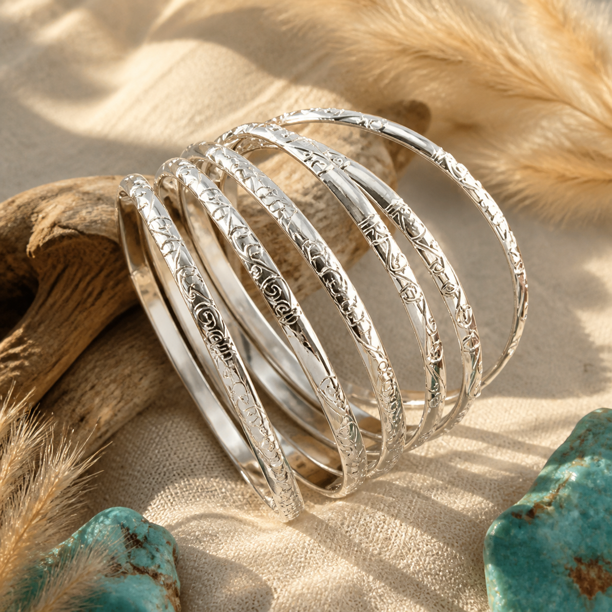 5-piece Embroidered Circular Silver Bracelets