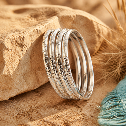5-piece Embroidered Circular Silver Bracelets