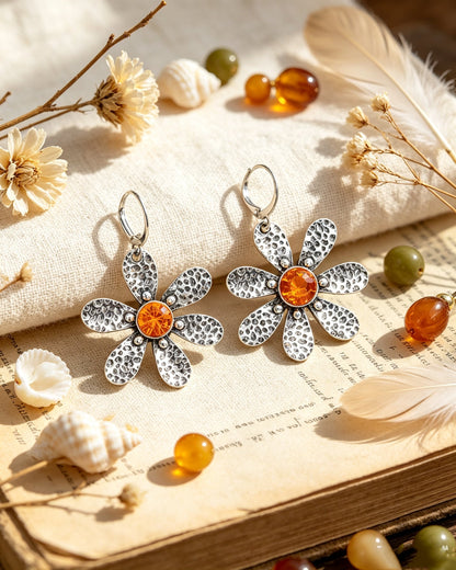 Silver Orange Flower Earrings