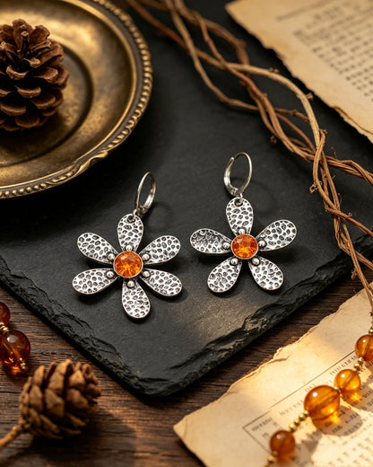 Silver Orange Flower Earrings