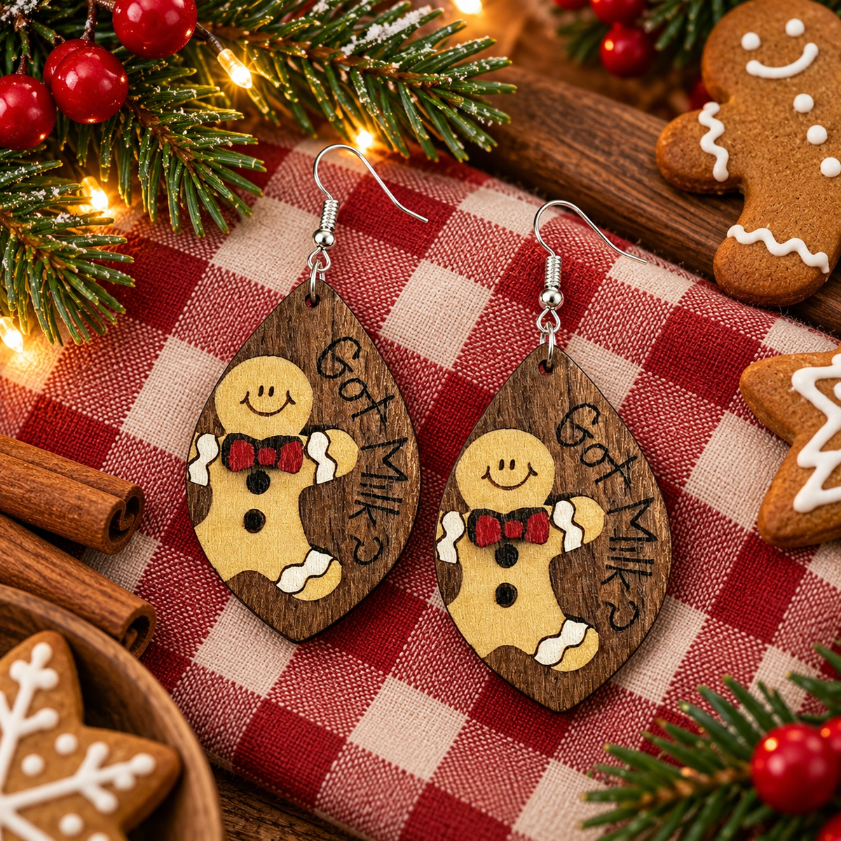 Elk Gingerbread Man Wooden Cute Earrings