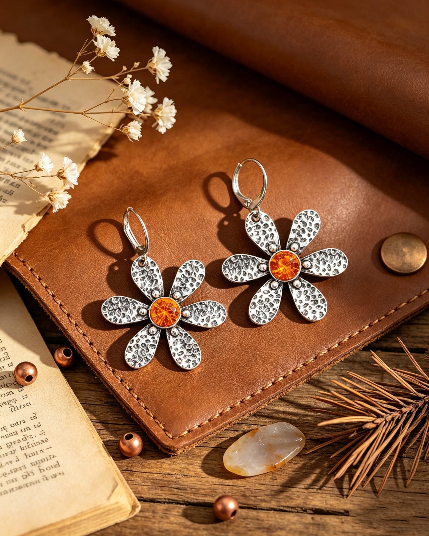 Silver Orange Flower Earrings