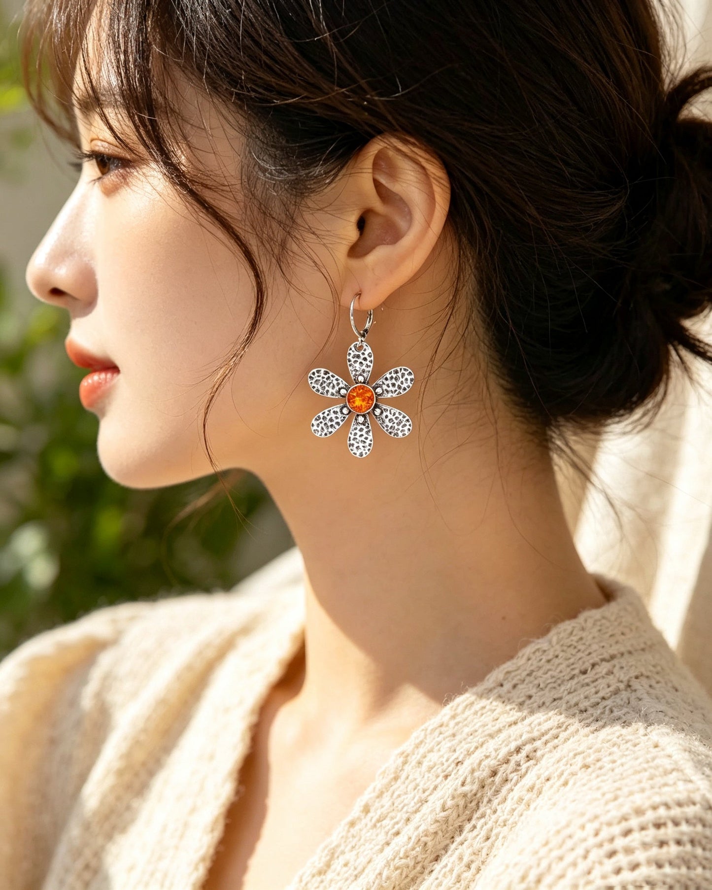 Silver Orange Flower Earrings