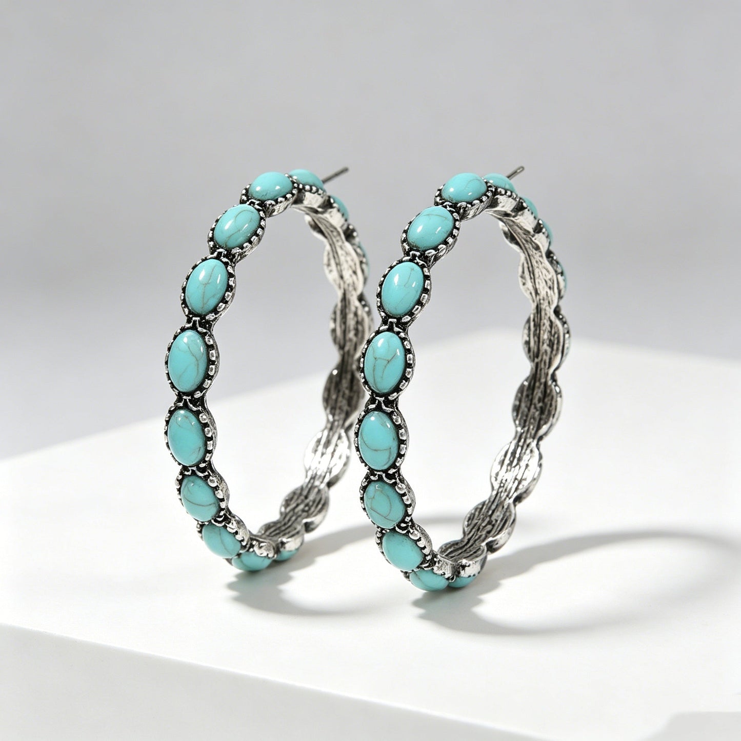 Large Circle C-Shaped Turquoise Earrings
