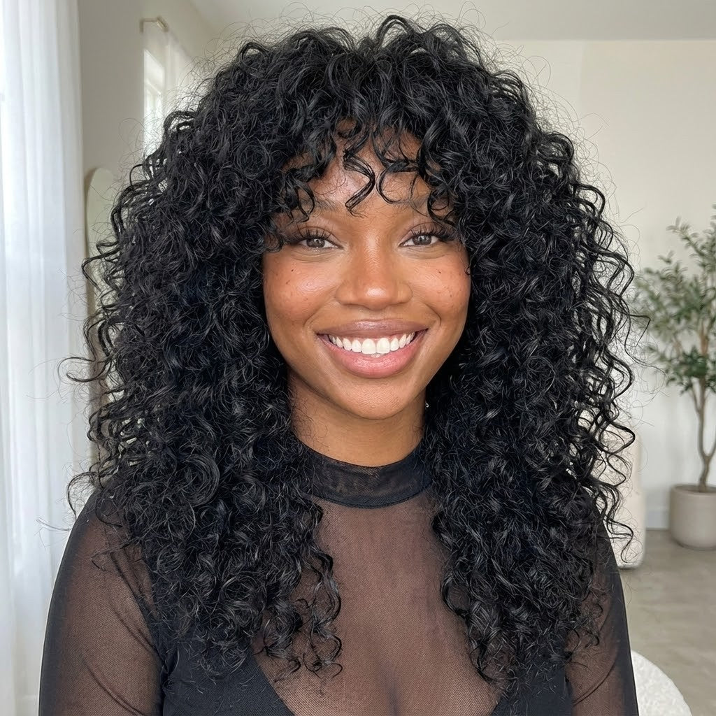Chiesma Blend Human Hair Curly Wig with Big Bangs – Effortless Shaggy Waves