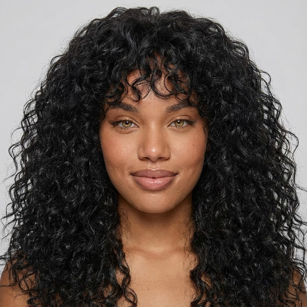 Chiesma Blend Human Hair Curly Wig with Big Bangs – Effortless Shaggy Waves