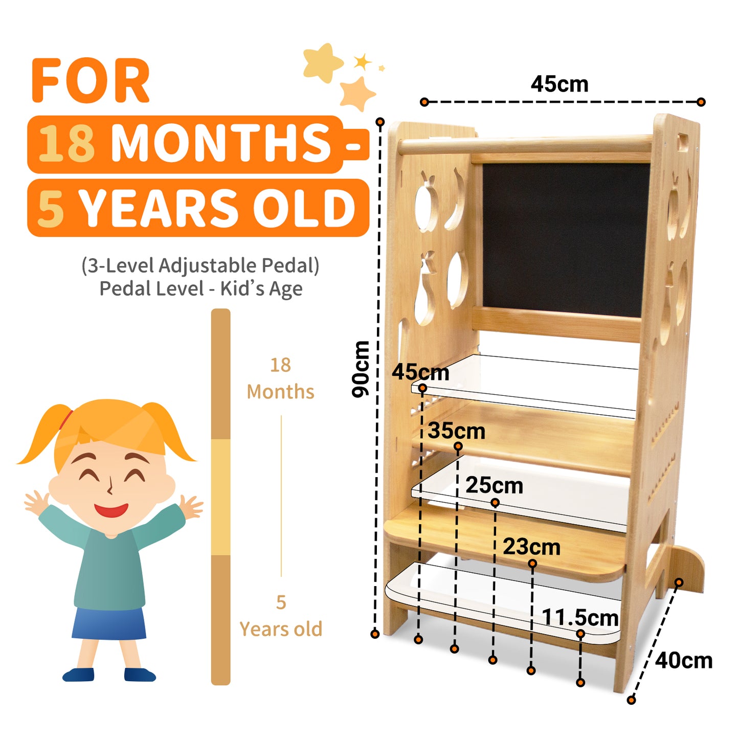 CHIESMA Adjustable Height Wooden Kids Step Stool Learning Tower Toddler Standing Tower