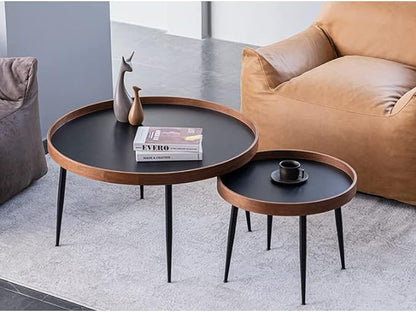 CHIESMA Modern Nesting Round Coffee Table Set of 2 Wood Around Metal Legs End Table Sets for Living Room Brown and Black