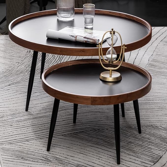 CHIESMA Modern Nesting Round Coffee Table Set of 2 Wood Around Metal Legs End Table Sets for Living Room Brown and Black